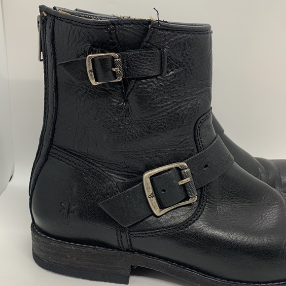 Frye Leather Ankle Moto Boots Black 8 Bikercore Strappy Buckle Zip Up - Picture 9 of 16